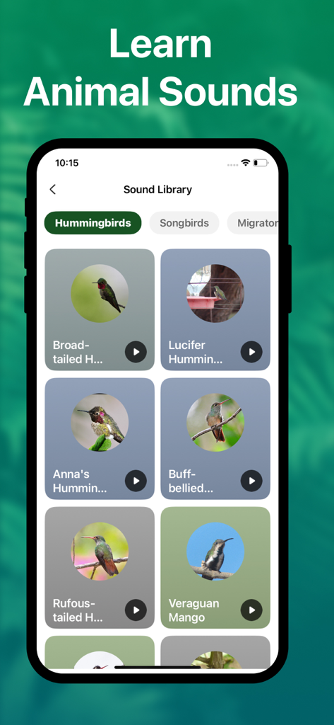 Picture Nature: Animal ID - Interface of the Picture Nature app showing a sound library of various hummingbird species with audio play buttons.
