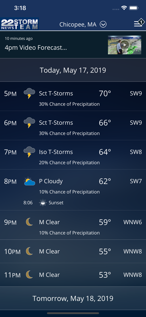 WWLP Weather - WWLP Weather app displaying an hourly forecast for Chicopee Massachusetts with thunderstorm icons and temperature details