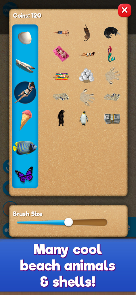 Sand Draw: Beach Wave Art Game - A selection menu in Sand Draw featuring beach animals shells and people stickers for sand art