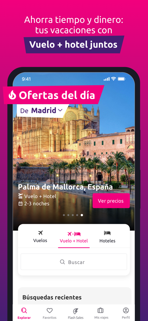 Rumbo app interface showing flight and hotel vacation packages and search features in Spanish