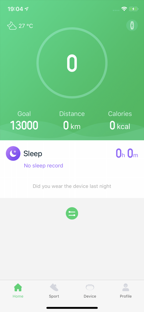 Pantalla de inicio de la aplicación móvil GloryFit mostrando los objetivos de actividad física y el panel de monitoreo del sueño