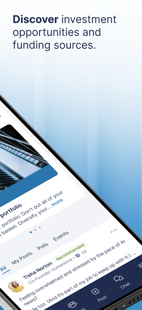 UCapital - UCapital app interface showing a social feed for finance professionals with investment opportunities and networking features