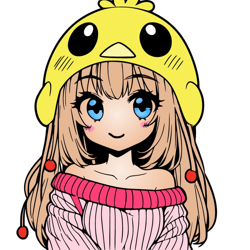 anime girl with chick shaped hat with sweater with bare shoulders with bangs covering them one eye with low tail