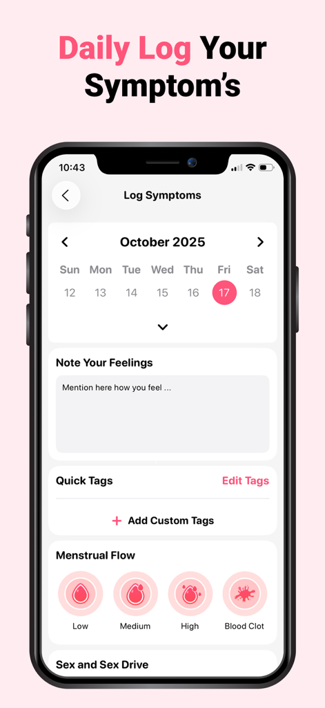 Ovulation Tracker & Calculator - Interfaz de registro diario de síntomas para la aplicación Rastreador y Calculadora de Ovulación que muestra el flujo menstrual y notas