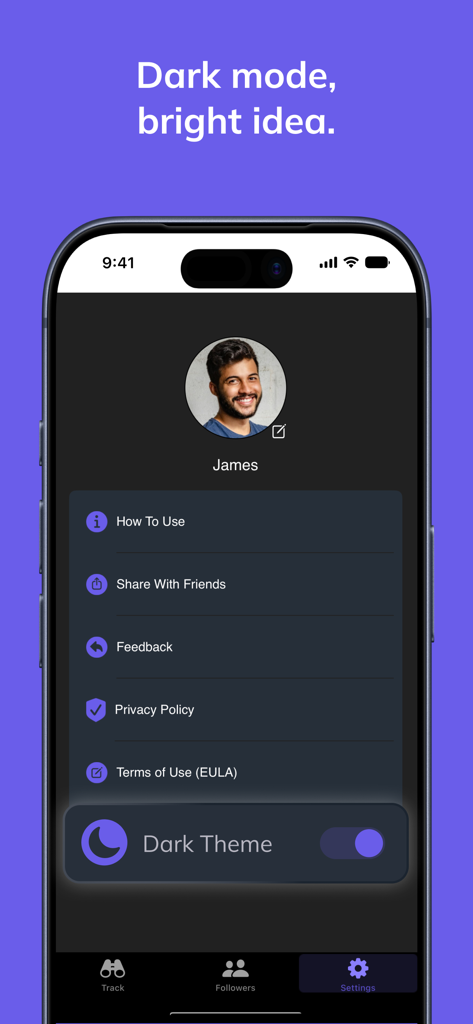 Tracker -Live Location Sharing - Pantalla de configuración de la aplicación de compartición de ubicación Tracker con tema oscuro habilitado y opciones de perfil