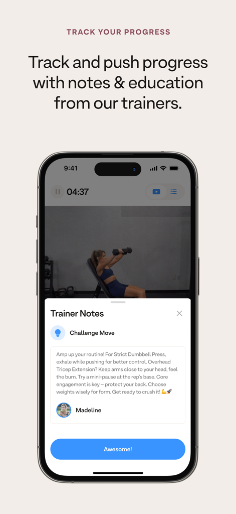 A smartphone screen from the MOVES by Madeline app displaying trainer notes and expert exercise tips to track progress.