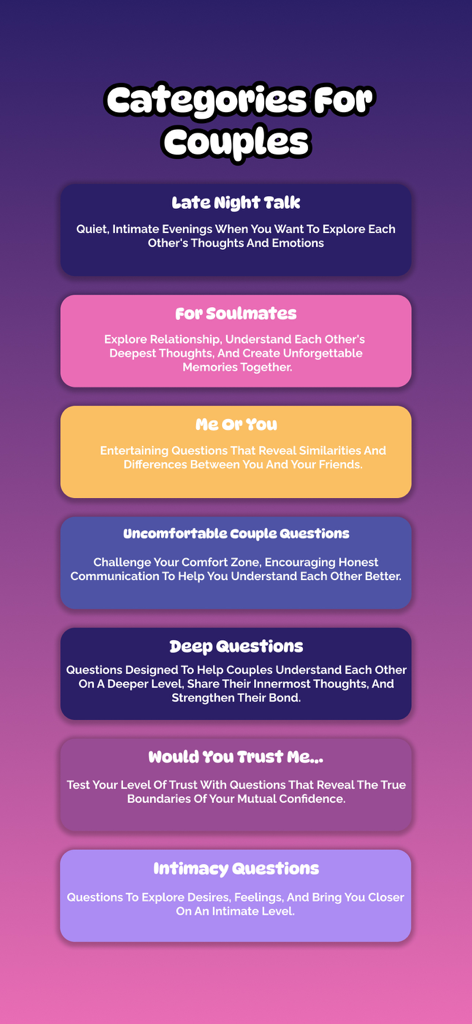 Icebreaker - couple game - A list of conversation categories for couples in the Icebreaker app including Soulmates and Deep Questions.