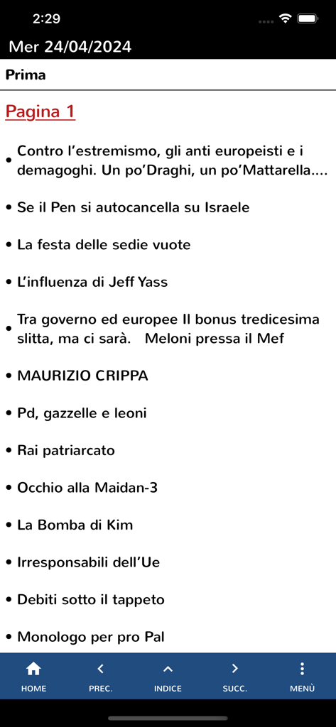 Il Foglio - Index of news headlines on the first page of the Il Foglio mobile app.