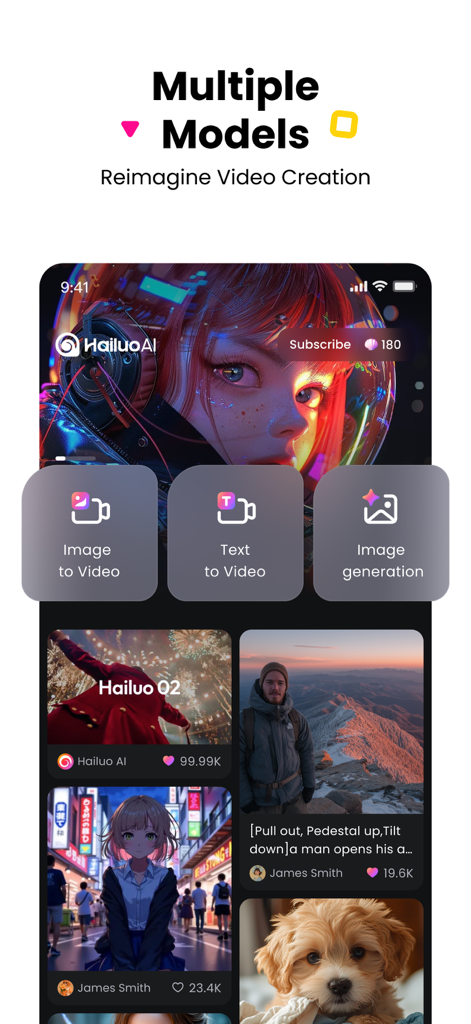 Tela inicial do aplicativo Hailuo AI mostrando opções para imagem para vídeo, texto para vídeo e modelos de geração de imagem.