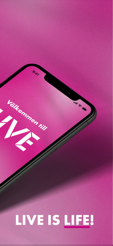 Pantalla de bienvenida de la aplicación Stockholm Live en iPhone con el lema Live is Life
