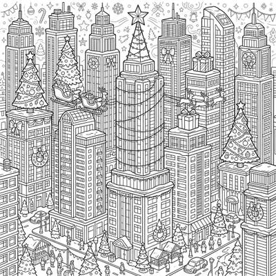 Dive into a spectacular holiday scene with our Christmas Skyscrapers coloring page, featuring a vibrant city transformed for the festive season. Majestic buildings are adorned with twinkling lights, towering trees, and a flying Santa, offering an exciting challenge for colorists of all ages.