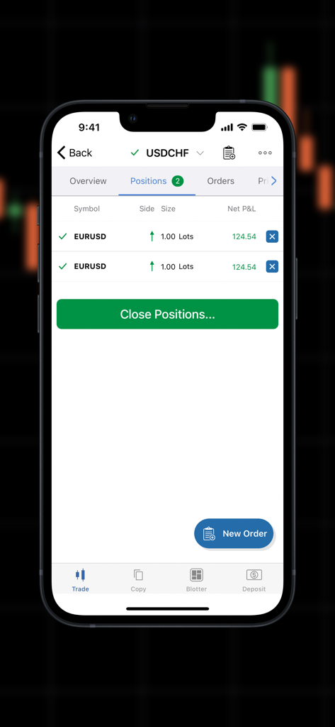 INZO cTrader - Interface do aplicativo móvel INZO cTrader mostrando posições de negociação ativas de EURUSD com dados de lucro e perda líquidos.