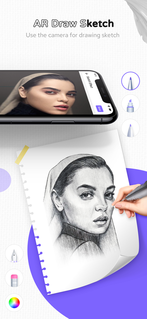 AR Drawing - Learn to Draw Art - Una mano dibujando el retrato de una mujer sobre papel usando la aplicación AR Drawing en un dispositivo móvil