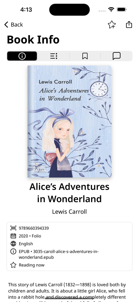 PocketBook Reader - PocketBook Reader interface displaying book information and cover for Alice's Adventures in Wonderland
