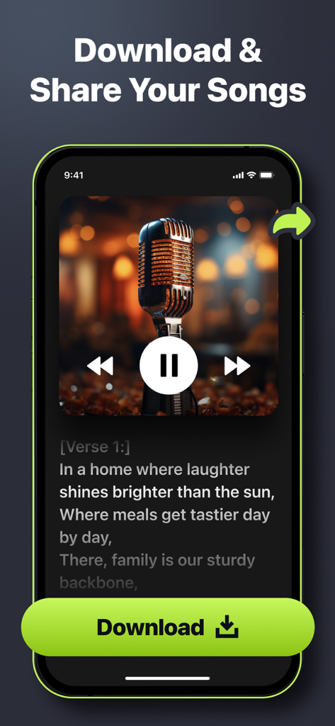 Muzio AI Song&Music Generator - Muzio AI app interface showing a music player with generated lyrics and a download button