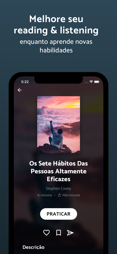 Idiomus - Textos em Inglês - Idiomus mobile app interface showing a book summary to practice English reading and listening.