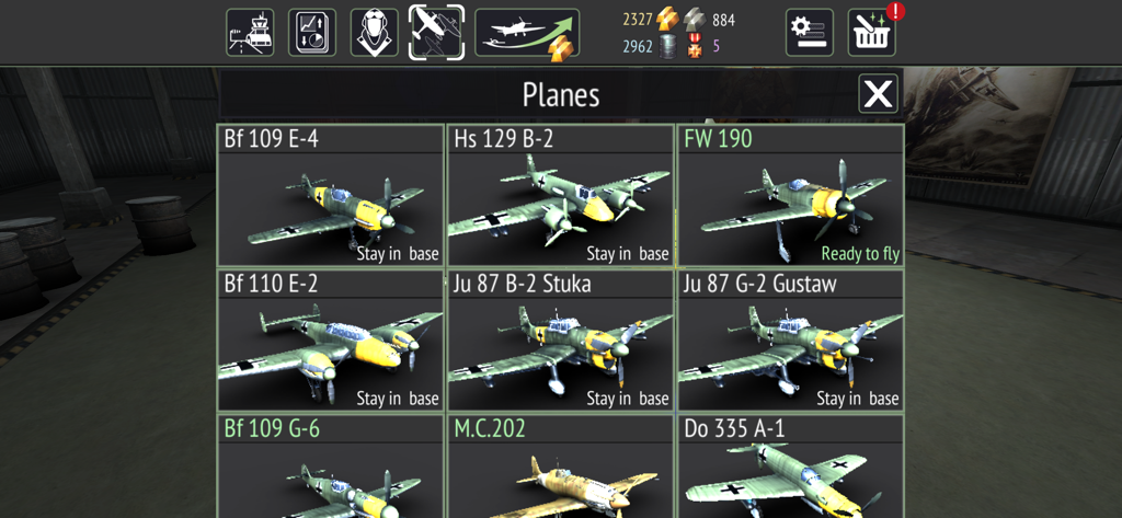 A menu in Warplanes WW2 Dogfight showing a fleet of historical German aircraft like the Bf 109 and Ju 87 Stuka in a hangar.