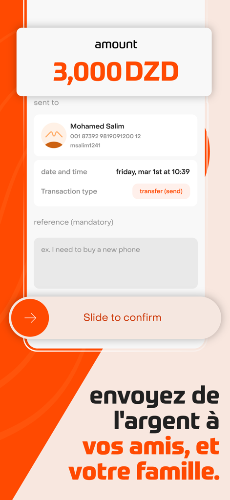 WIMPAY DZ BNA - A screenshot of the WIMPAY DZ BNA app showing a 3000 DZD money transfer confirmation screen.