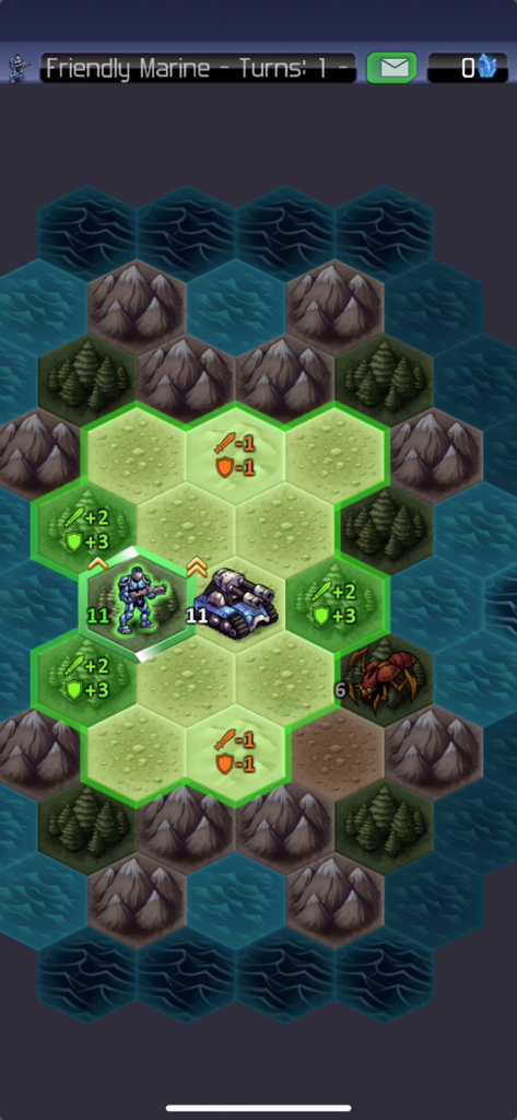 Turn-based strategy gameplay in UniWar showing units on a hexagonal map with terrain bonuses