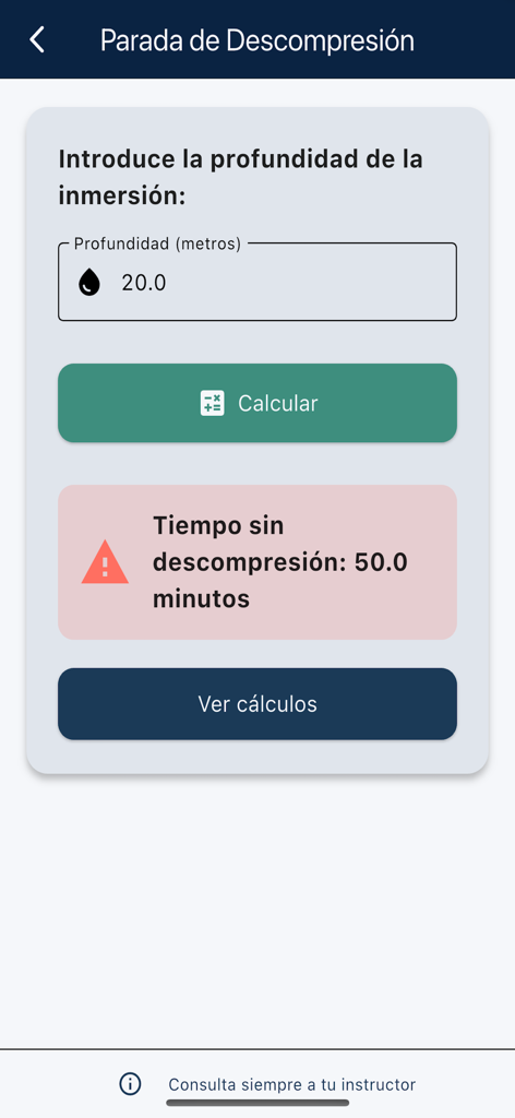 Interfaz de la aplicación Calculadora de Buceo que muestra el límite de no descompresión para una profundidad de buceo de 20 metros