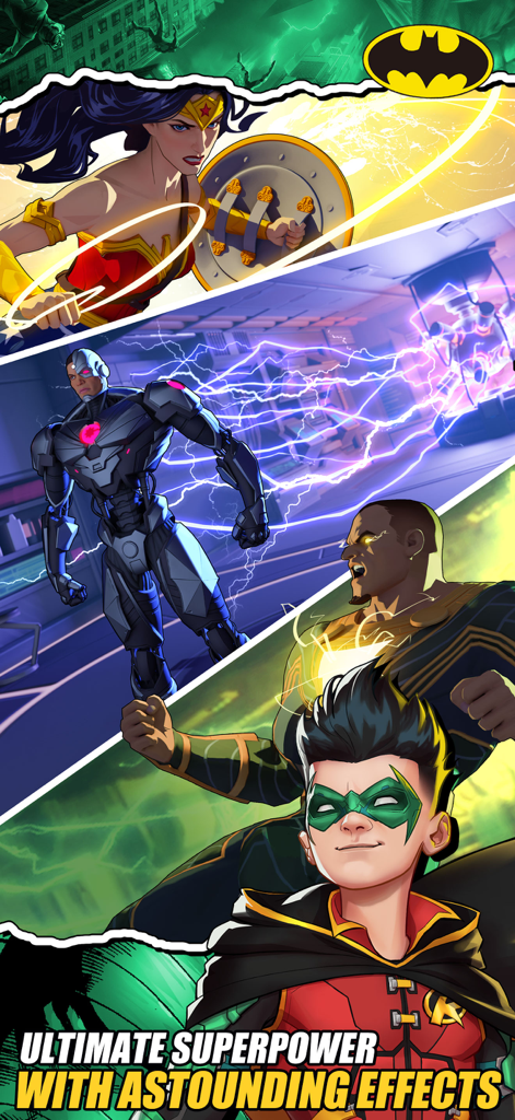 DC: Dark Legion™ - Escena de acción de Wonder Woman, Cyborg, Black Adam y Robin mostrando superpoderes definitivos