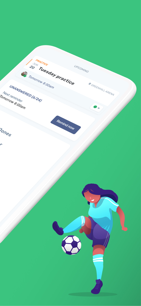 Heja - Heja app interface showing a practice schedule and soccer player illustration