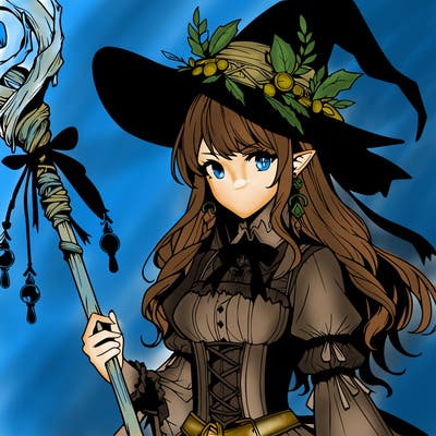 a realistic fantasy manga witch with a staff