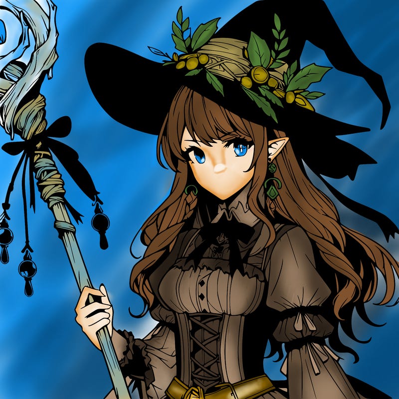 a realistic fantasy manga witch with a staff