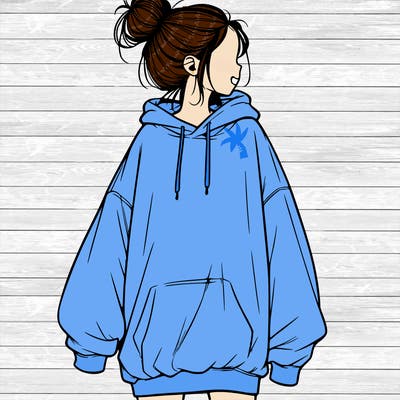 realistic girl with a oversized sweatshirt on and a bun