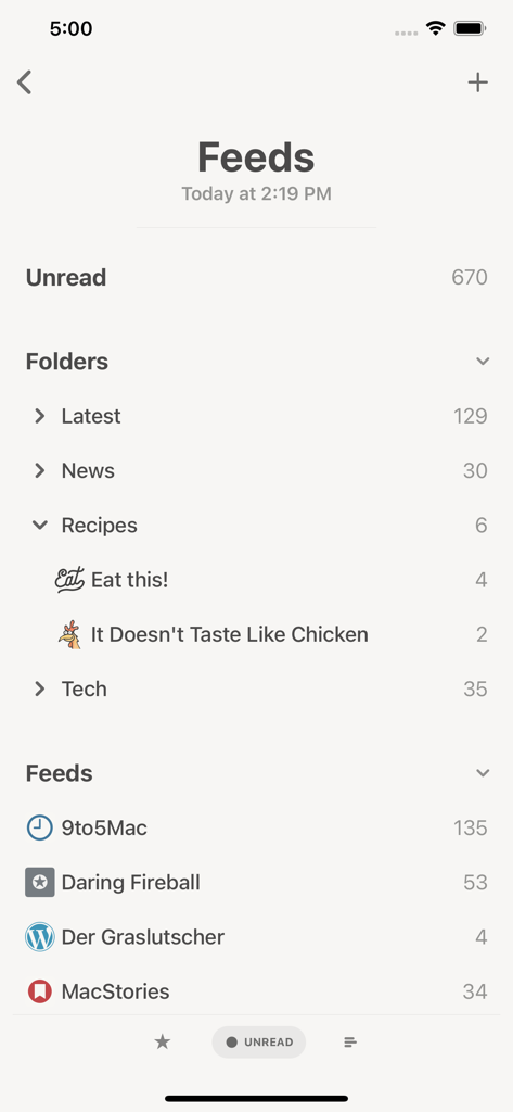 Reeder Classic app interface showing organized news feeds and folders with unread counts
