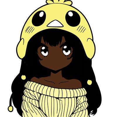 anime girl with chick shaped hat with sweater with bare shoulders with bangs covering them one eye with low tail