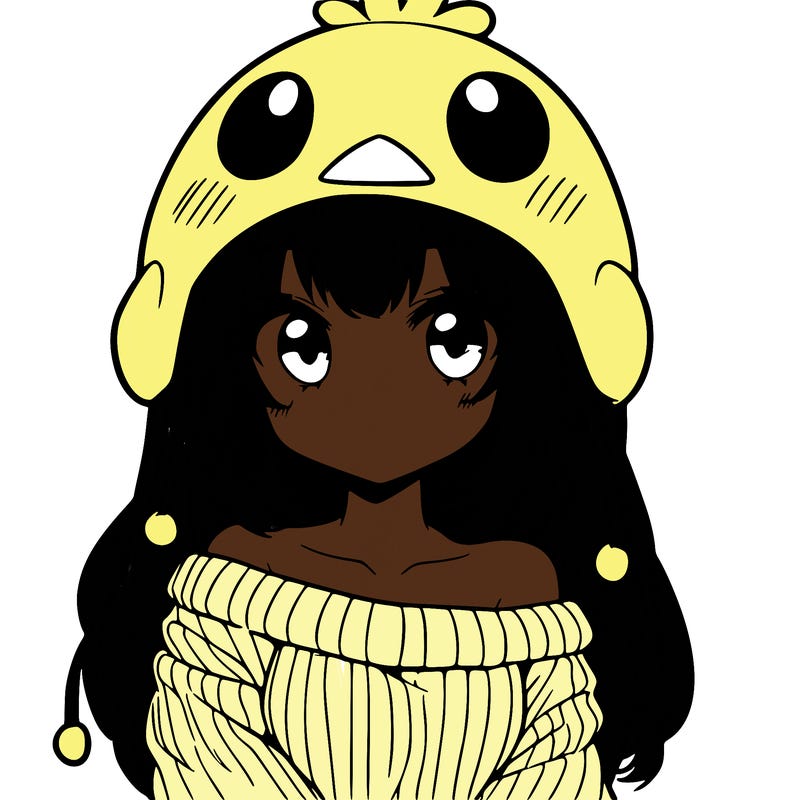 anime girl with chick shaped hat with sweater with bare shoulders with bangs covering them one eye with low tail