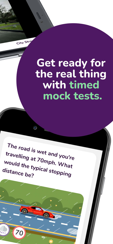 Driving Theory by James May - A smartphone screen showing a driving theory mock test question about stopping distances in wet weather from the James May app