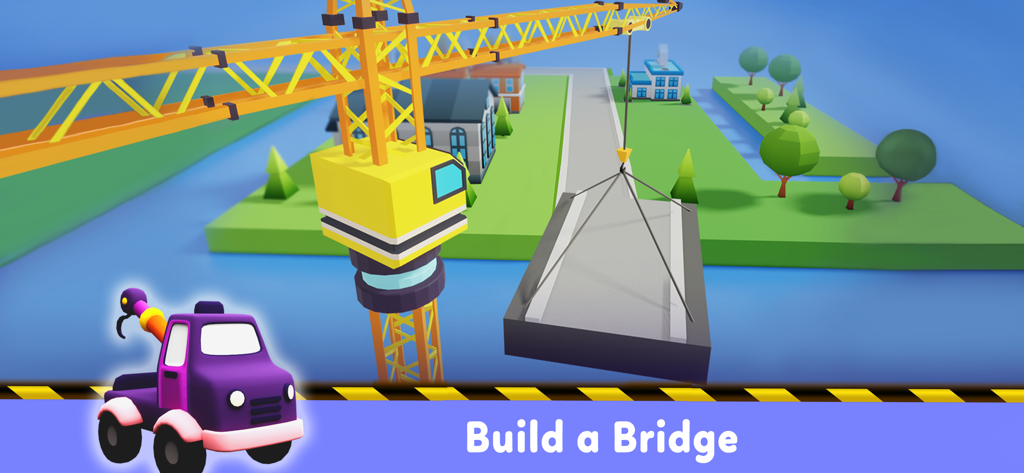 Truck Game for 5 year old Boys - Una scena di gioco di costruzione 3D che mostra una gru gialla che solleva una sezione di ponte con un carro attrezzi viola nelle vicinanze