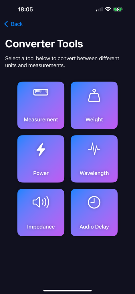 TECH ToolBox - A menu of technical conversion tools including power impedance and audio delay for sound engineers