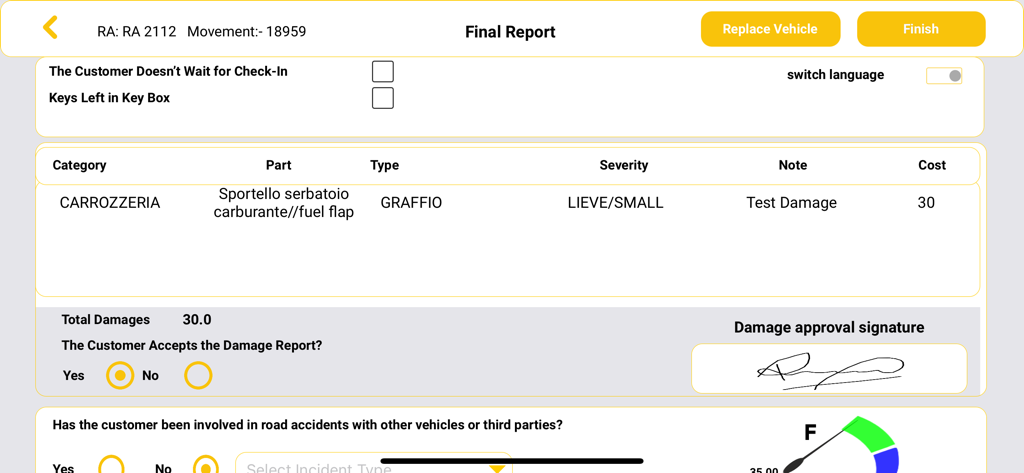 MyRent The Car Rental Software - Schermata del report finale nel software di noleggio auto MyRent con dettagli sui danni e firma digitale
