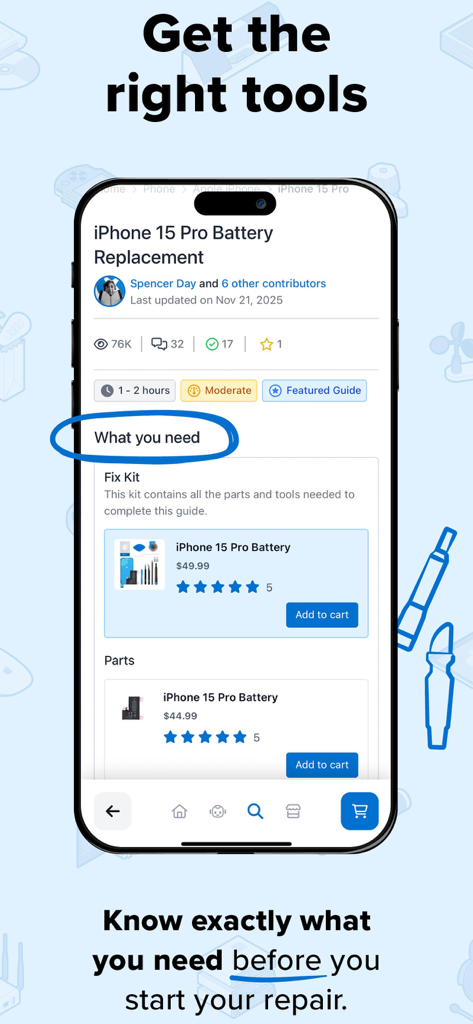 iFixit app interface showing the parts and tools required for an iPhone 15 Pro battery replacement guide