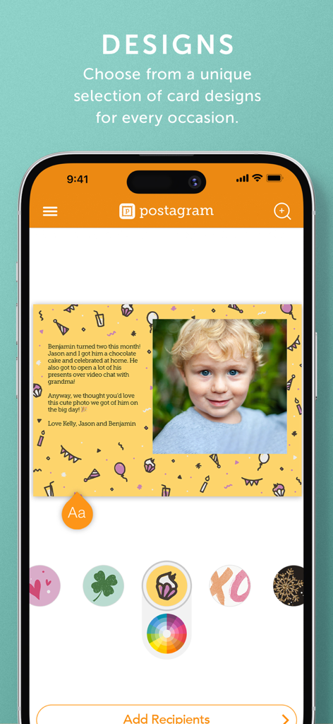 Postagram app interface showing a custom birthday postcard design with a child photo and text customization options