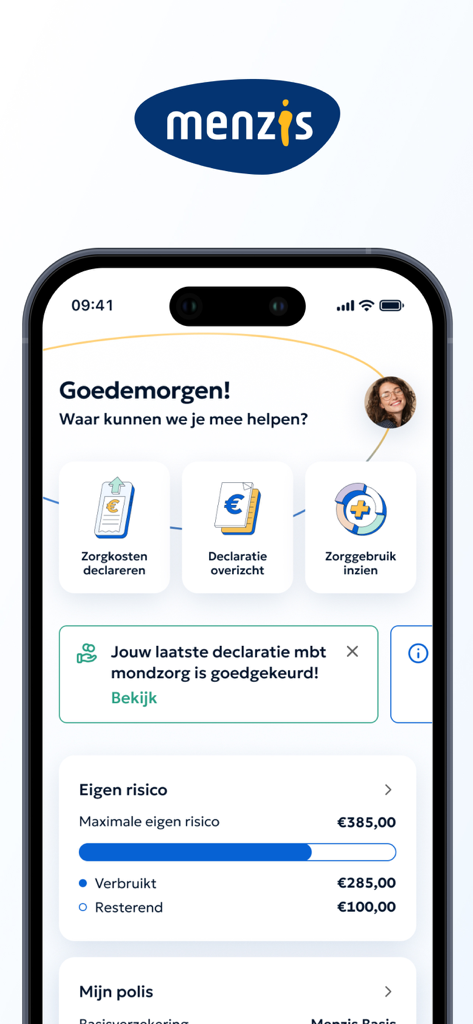 Menzis app - Menzis health insurance app dashboard showing claim status and deductible usage