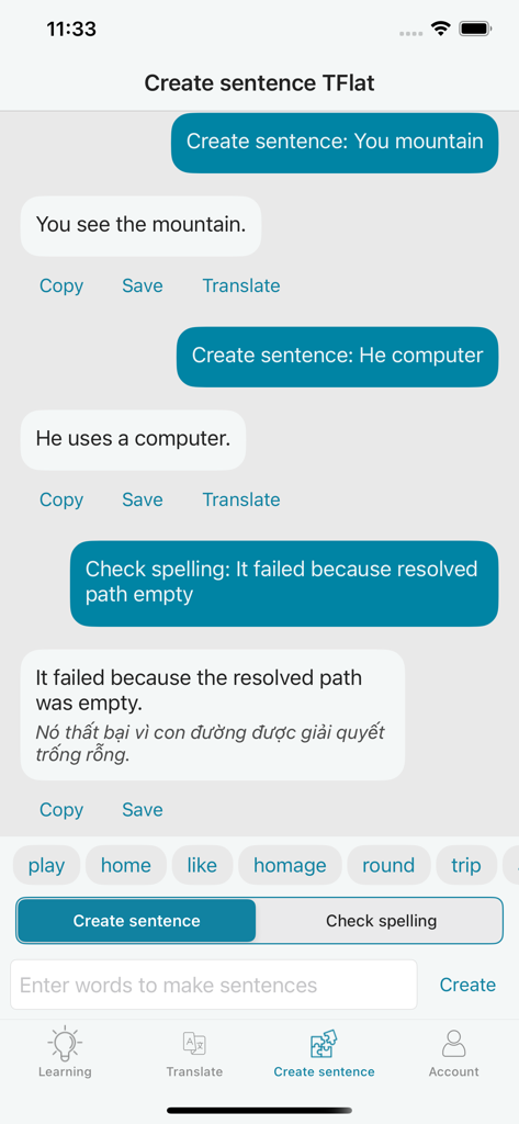 TFlat: Learn Translate English - Interfaz de la aplicación TFlat que muestra la creación automatizada de oraciones y la corrección de gramática inglesa con traducciones al vietnamita.