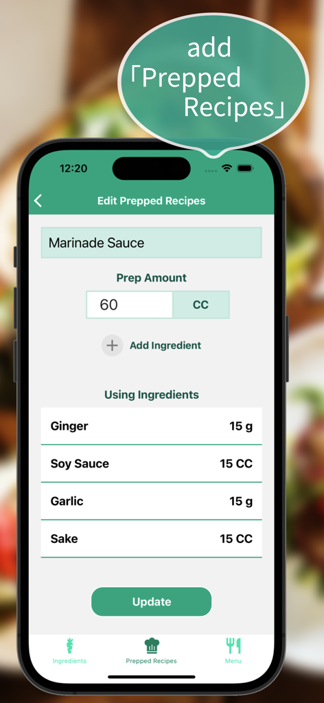 Fooster：Cost Recipe Calculator - Fooster app screen for editing prepped recipes showing ingredients for a marinade sauce.