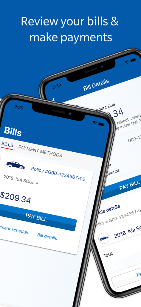 Bristol West mobile app interface for reviewing bills and making auto insurance payments