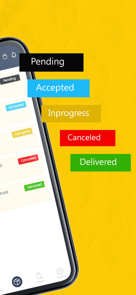 WeOrder Iraq - Mobile app screen displaying color coded shipping order statuses from pending to delivered.