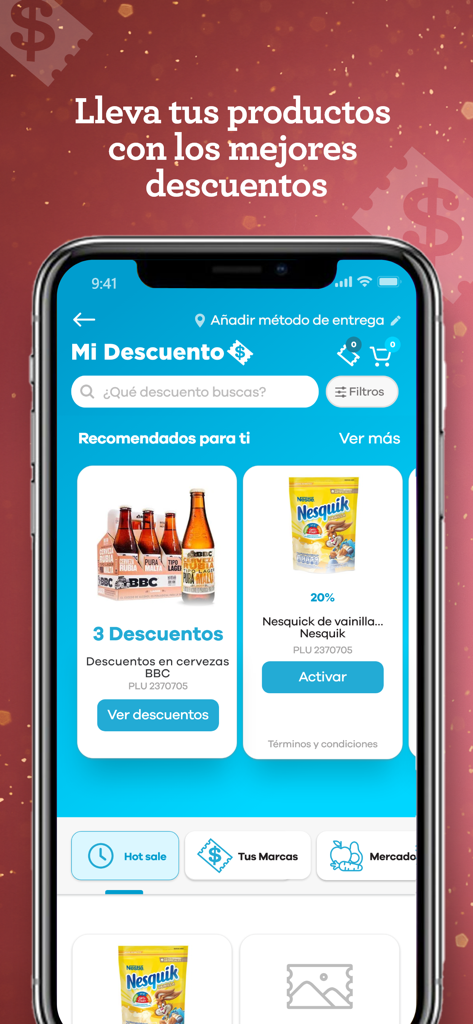 A screenshot of the Carulla app showing personalized discount offers for groceries and drinks