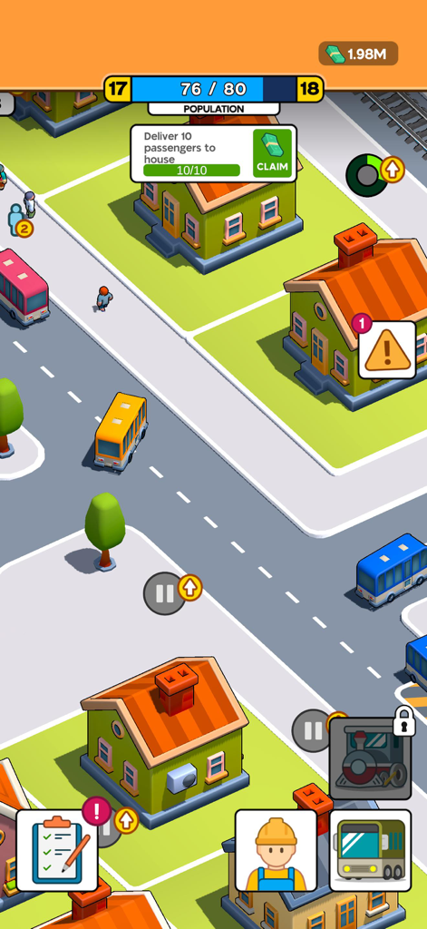 City Transportation Tycoon - Isometric view of a yellow bus driving through a colorful city with houses and UI management icons