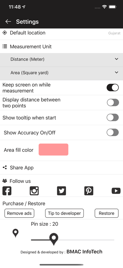 Pantalla de ajustes de la aplicación Calculadora de áreas Geo Measure que muestra las unidades de medida y las preferencias de visualización.