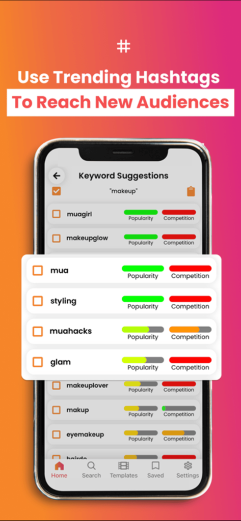 ReelTrends affiche des suggestions de hashtags tendance avec des métriques de popularité et de concurrence