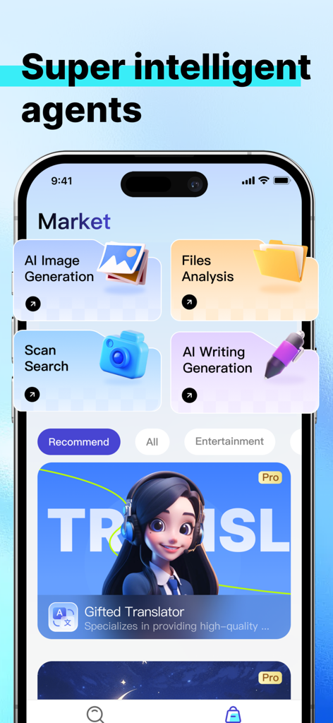 GenieX - AI Chat - Interface do aplicativo GenieX mostrando o Agent Marketplace com opções para geração de imagens de IA, análise de arquivos e um agente tradutor especializado.