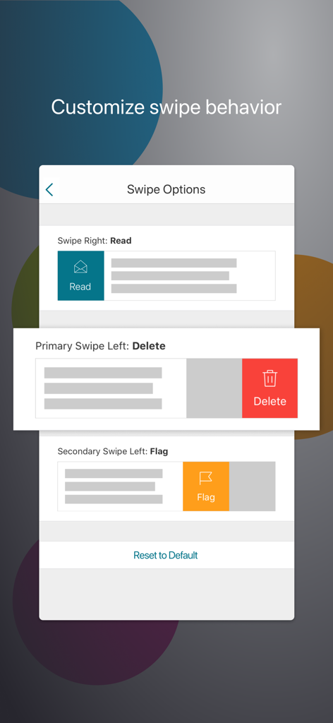 Citrix Secure Mail - Interfaccia per personalizzare le azioni di scorrimento delle email come lettura, eliminazione e contrassegno in Citrix Secure Mail