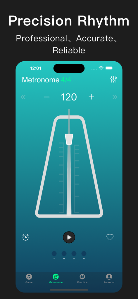 Metronome Pro - beats and BPM - Metronome Pro app interface showing a 120 BPM tempo with a 4/4 time signature and professional rhythm tools.